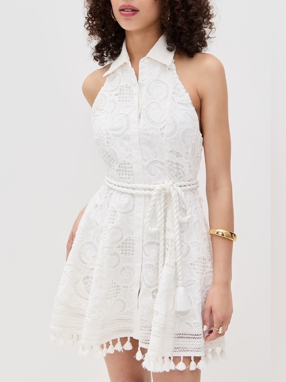 New Alice + Olivia Lucy Halter Neck Mini Shirt Dress White Lace Rope Tie Sz 10